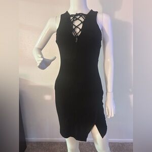 SOPRANO black bodycon dress with lace up neckline asymmetrical hem